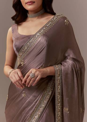 Dusky Brown Chinnon Saree With Cutdana Beads And Sequin Embroidery