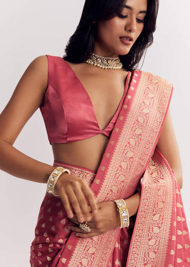 Dusky Pink Silk Saree With Butti And Woven Border