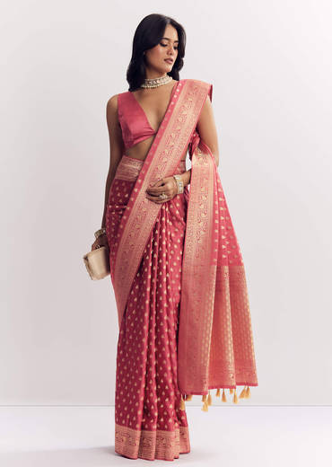 Dusky Pink Silk Saree With Butti And Woven Border