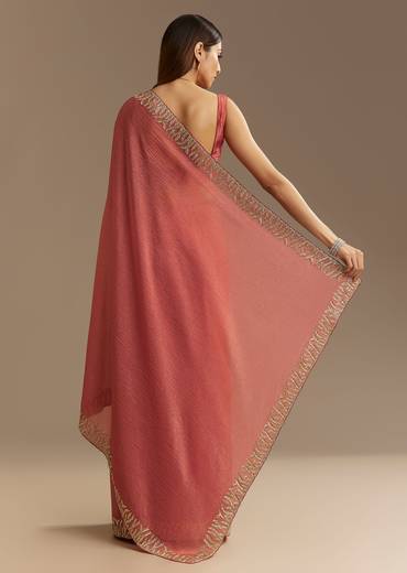 Rust Brown Crushed Tissue Saree With Scallop Border And Stone Embroidery