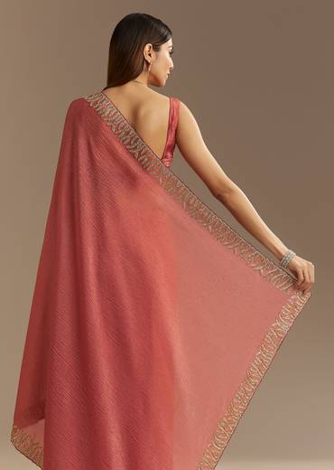 Rust Brown Crushed Tissue Saree With Scallop Border And Stone Embroidery