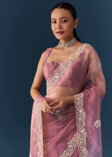 Dusty Pink Embroidered Saree with Blouse Fabric