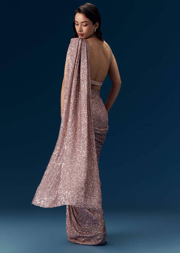 Dusty Pink Ready Pleated Sequin Saree with Blouse