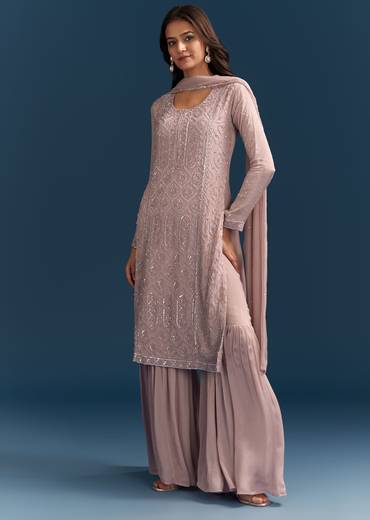 Dusty Pink Sharara Suit With Sequins Work And Dupatta
