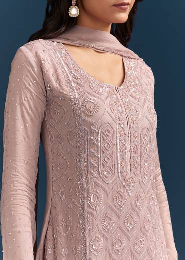 Dusty Pink Sharara Suit With Sequins Work And Dupatta