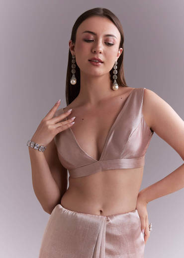 Dusty Pink Tissue Saree With Floral Butti Embroidery