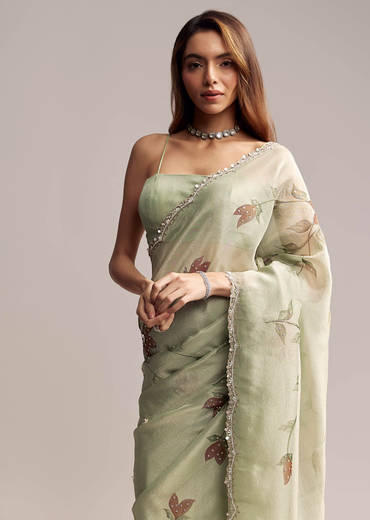 Dusty Pista Green Tissue Saree With Floral Embroidery