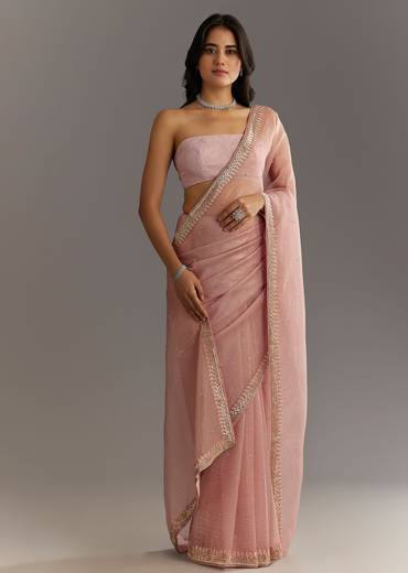 Dusty Rose Cutdana And Stone Embroidered Tissue Saree