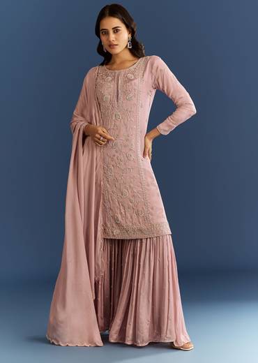 Dusty Rose Pink Chinon Kurta Set With Cutdana Embroidered Sharara