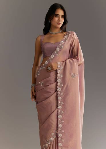 Dusty Rose Tissue Saree With Floral Embroidered Scallop Border