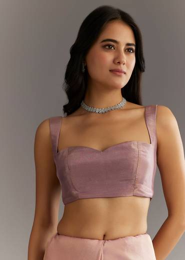 Dusty Rose Tissue Saree With Floral Embroidered Scallop Border