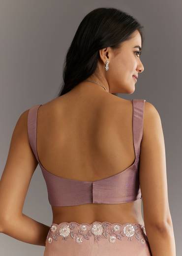 Dusty Rose Tissue Saree With Floral Embroidered Scallop Border