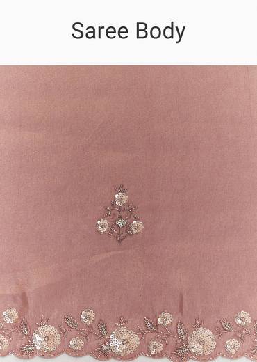 Dusty Rose Tissue Saree With Floral Embroidered Scallop Border