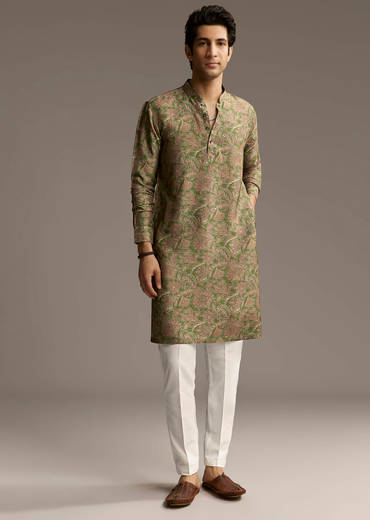 Eathy Brown Silk Designer Kurta For Men With Subtle Floral Vine Print
