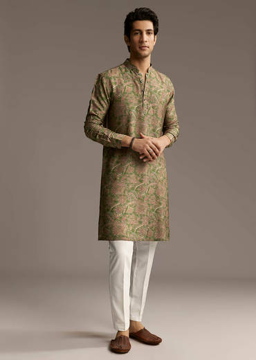 Eathy Brown Silk Designer Kurta For Men With Subtle Floral Vine Print