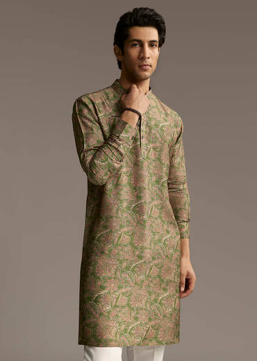 Eathy Brown Silk Designer Kurta For Men With Subtle Floral Vine Print