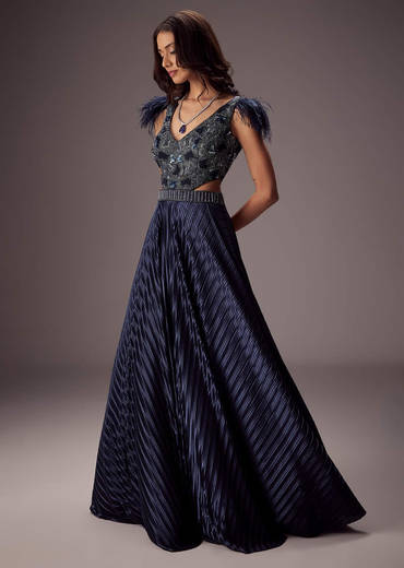 Elegant Navy Crepe Gown With Embroidered Yoke And Sweeping Ghera
