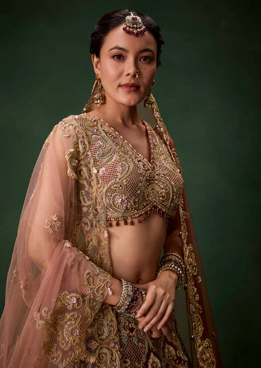 Embellished Bridal Lehenga Set with Two Dupattas