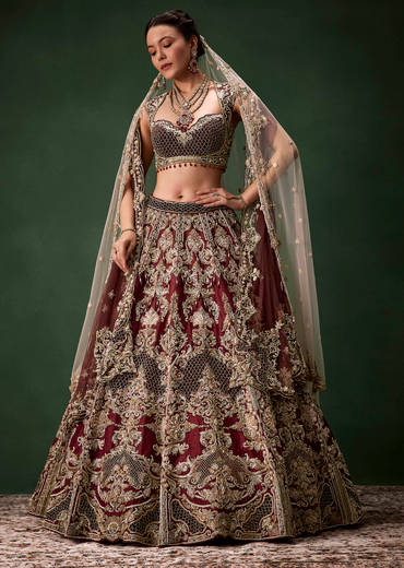Embroidered Bridal Lehenga Set with Two Dupattas