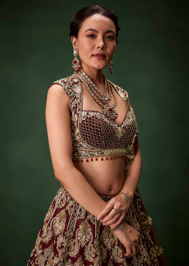 Embroidered Bridal Lehenga Set with Two Dupattas