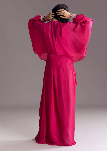 Embroidered Pink Skirt Set With Cape