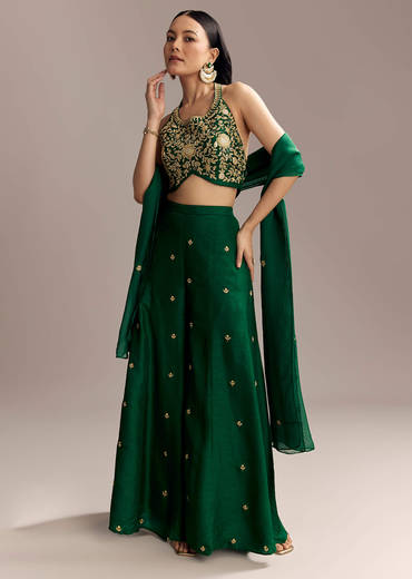 Emerald Green Silk Crop Top And Palazzo Set With Zari Work
