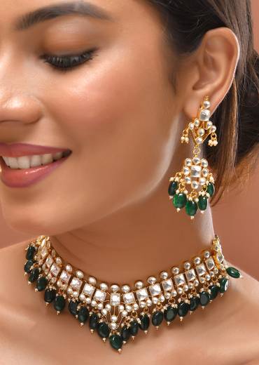 Emerald Green White Necklace Set With Pachi Kundan