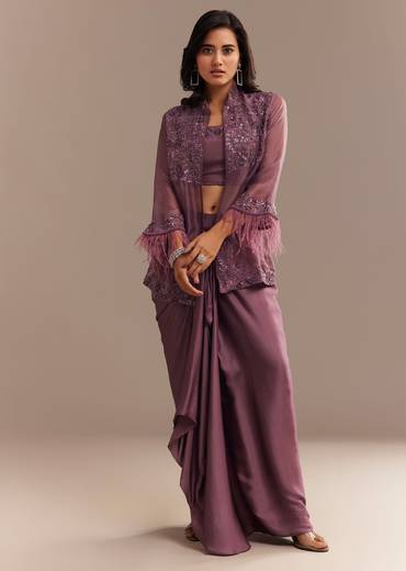Faded Wine Sequined Jacket Draped Skirt Set