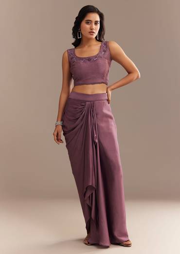 Faded Wine Sequined Jacket Draped Skirt Set