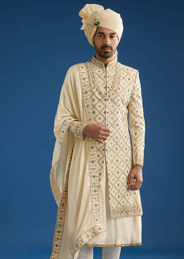 Faun Silk Groom Sherwani Set With Gota And Zardosi Work