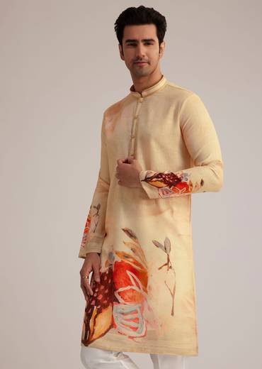 Fawn Linen Kurta Set With Butterfly Inspired Abstract Print