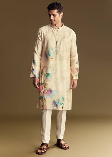 Floral Beige Linen Kurta Set