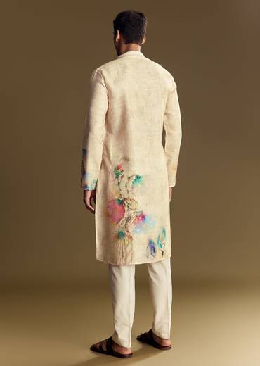 Floral Beige Linen Kurta Set