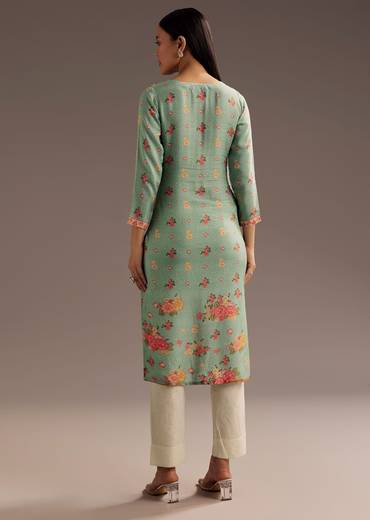Floral Print Crepe Kurta With Cutdana Work