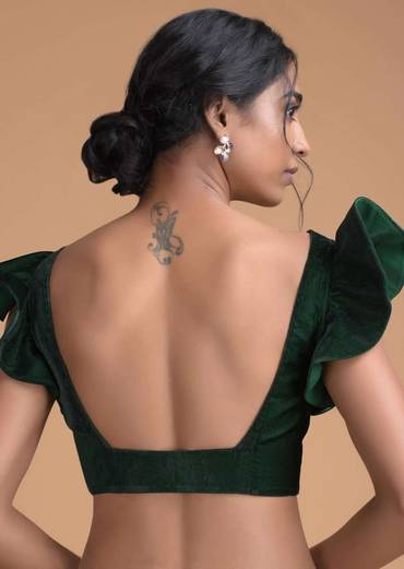 Forest Green Blouse In Velvet With Trapeze Neck And Ruffle Sleeves