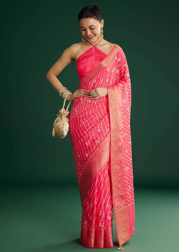 Gajari Dola Silk Saree With Floral Embroidery And Lehariya Print