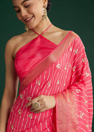 Gajari Dola Silk Saree With Floral Embroidery And Lehariya Print