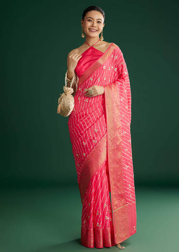 Gajari Dola Silk Saree With Floral Embroidery And Lehariya Print