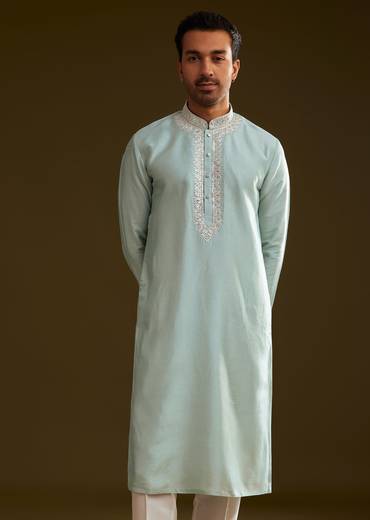 Glacier Blue Silk Kurta Set With Yoke Embroidery