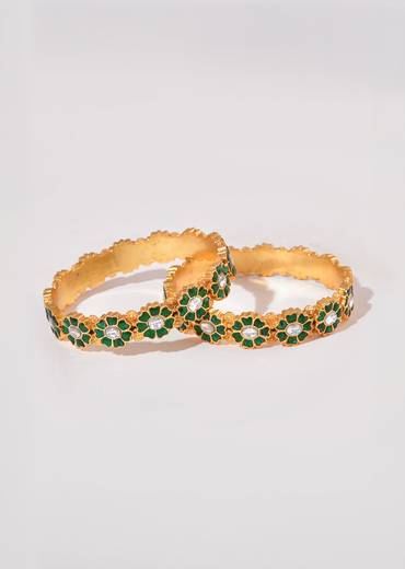 Gold and Green Floral Motif Kundan Bangle Set of Two