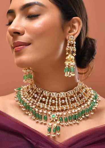 Gold and Green Kundan Necklace and Earrings Set