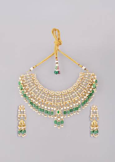 Gold and Green Kundan Necklace and Earrings Set