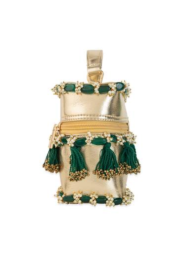 Gold and Green Tassel Drop Bead Embroidered Potli Bucket Bag
