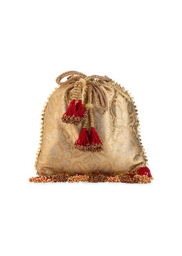 Gold and Red Floral Motif Kundan Embellished Potli Bag