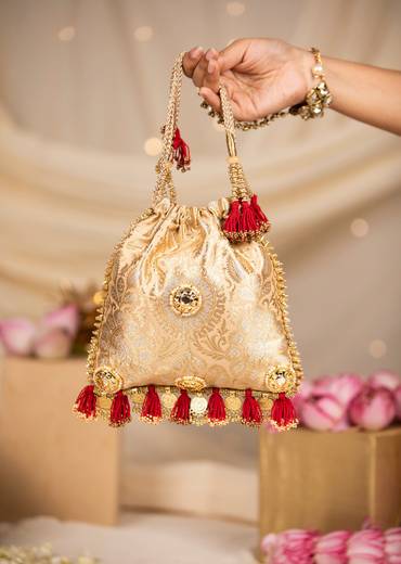 Gold and Red Floral Motif Kundan Embellished Potli Bag