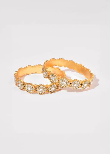 Gold and White Floral Kundan Bangle Set of Two