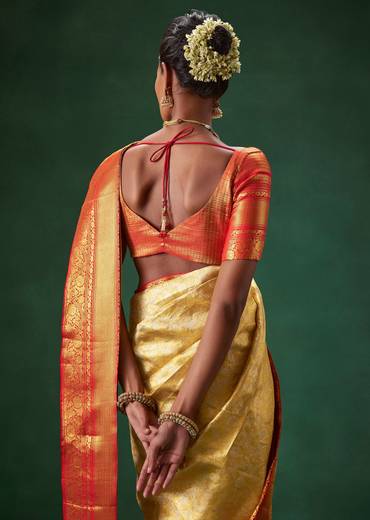 Gold Bridal Kanjivaram Floral Weave Saree with Unstitched Blouse