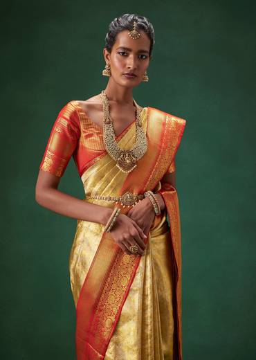 Gold Bridal Kanjivaram Floral Weave Saree with Unstitched Blouse