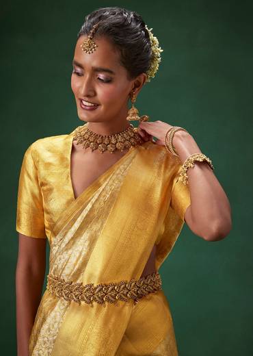 Gold Bridal Kanjivaram Jaal Weave Saree with Unstitched Blouse