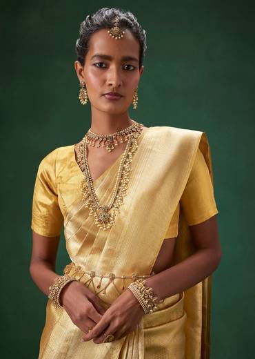 Gold Bridal Kanjivaram Zari Weave Saree with Unstitched Blouse